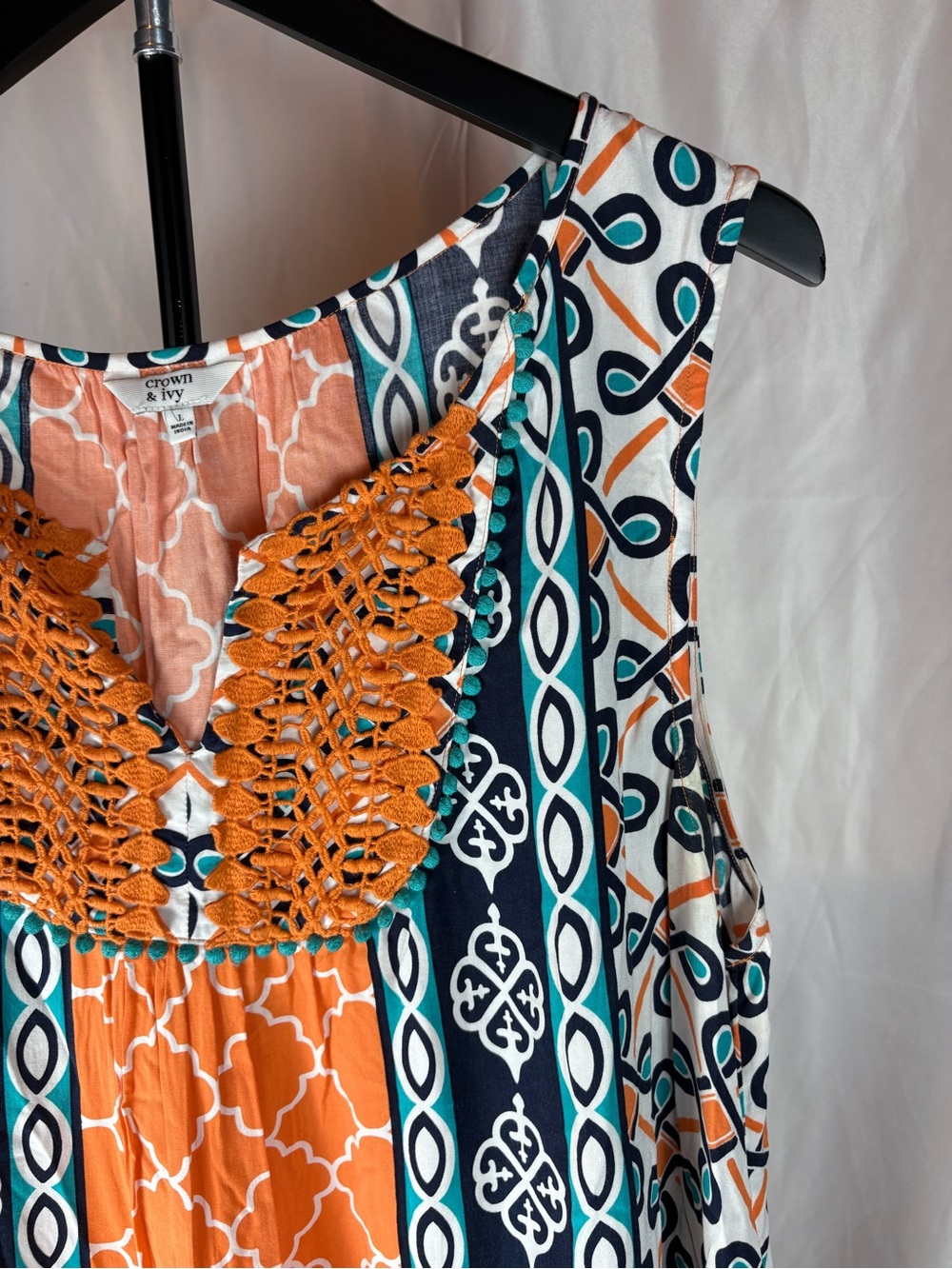 Crown & Ivy Large Boho Print Dress Orange Crochet Sleeveless Shift